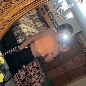 Homemade Coral Crochet Crop Top Lace Edges Cross Back Lace Up Tank Top Size XS